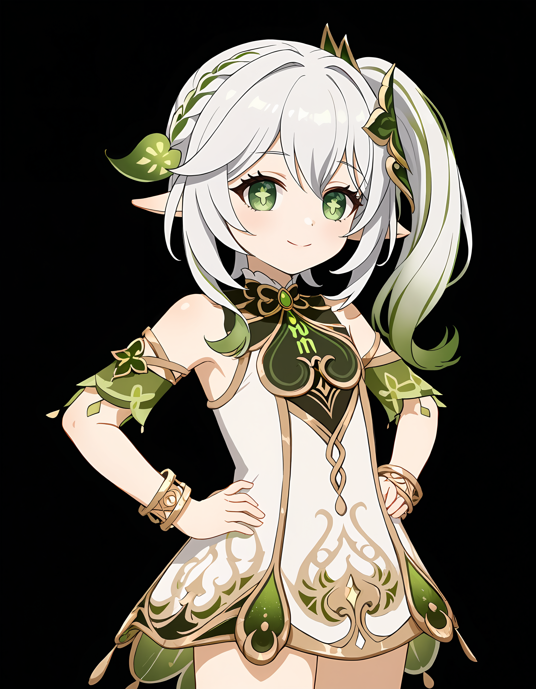 <lora:Nahida_Pony:1>nahida_genshin_impact, pointy ears, side ponytail, multicolored hair, white hair, green hair, gradient hair, green eyes, symbol-shaped pupils, hair between eyes,
jewelry, bracelet, detached sleeves, white dress,
smile, hands on hips,