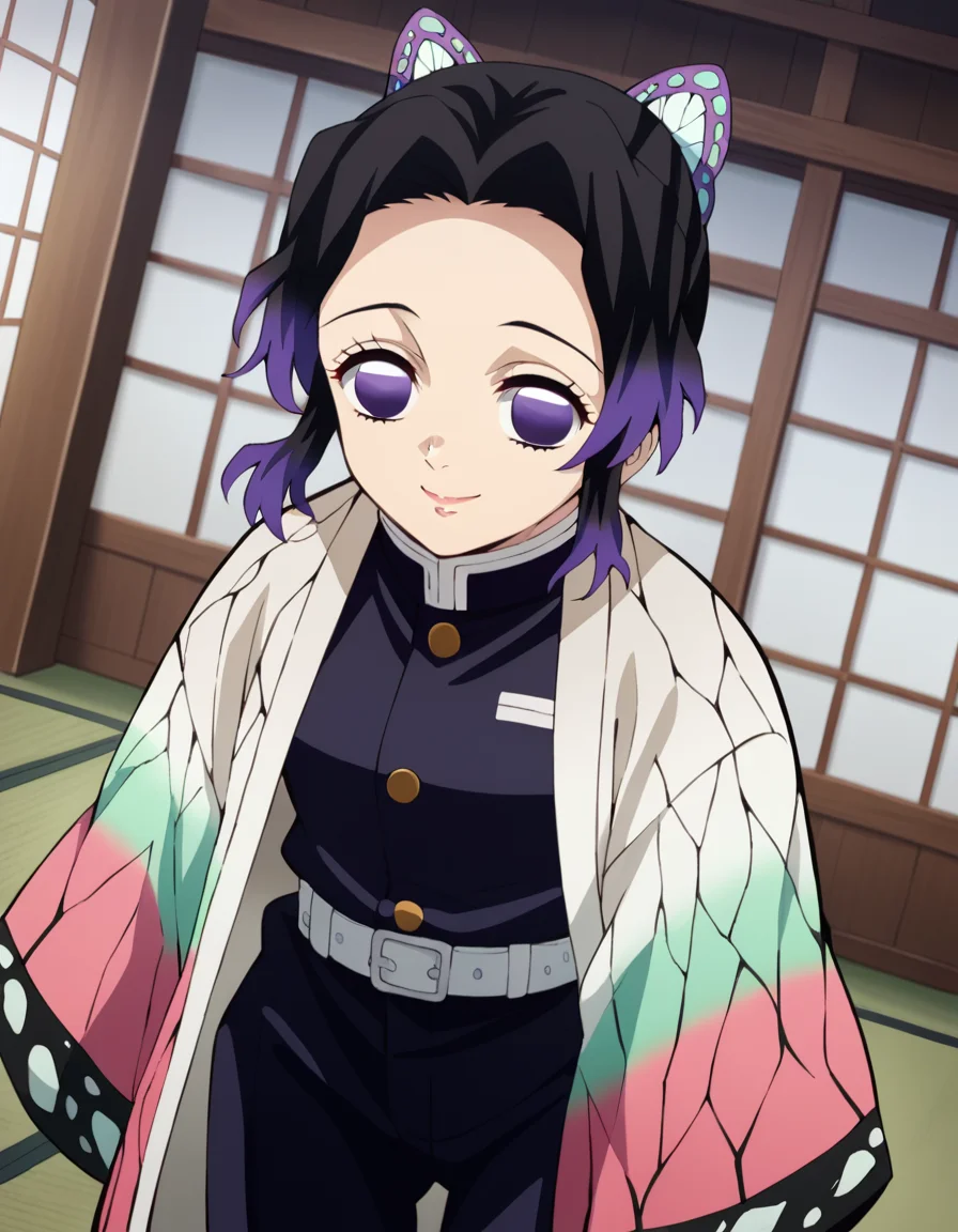 score_9, score_8_up, score_7_up, source_anime,
shinobukochou, <lora:shinobu-kochou-anime-ponyxl-lora-nochekaiser:1>,
shinobu kochou, animal print, black hair, butterfly, butterfly hair ornament, butterfly print, forehead, gradient hair, hair ornament, haori, multicolored hair, parted bangs, purple hair, short hair, two-tone hair,
belt, black pants, butterfly print, coat, demon slayer uniform, haori, japanese clothes, pants, uniform,
indoors, dojo, bent over, smile,
solo, dutch angle, looking at viewer, cowboy shot,