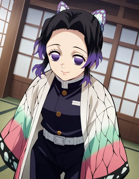 score_9, score_8_up, score_7_up, source_anime,
shinobukochou, <lora:shinobu-kochou-anime-ponyxl-lora-nochekaiser:1>,
shinobu kochou, animal print, black hair, butterfly, butterfly hair ornament, butterfly print, forehead, gradient hair, hair ornament, haori, multicolored hair, parted bangs, purple hair, short hair, two-tone hair,
belt, black pants, butterfly print, coat, demon slayer uniform, haori, japanese clothes, pants, uniform,
indoors, dojo, bent over, smile,
solo, dutch angle, looking at viewer, cowboy shot,