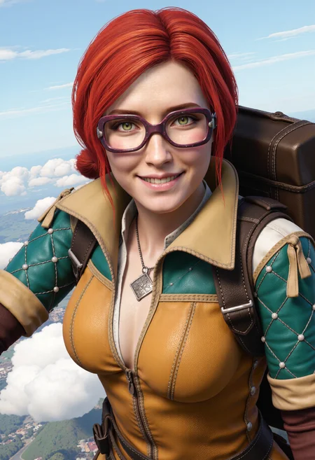 Photorealistic image of Triss Merigold skydiving.
