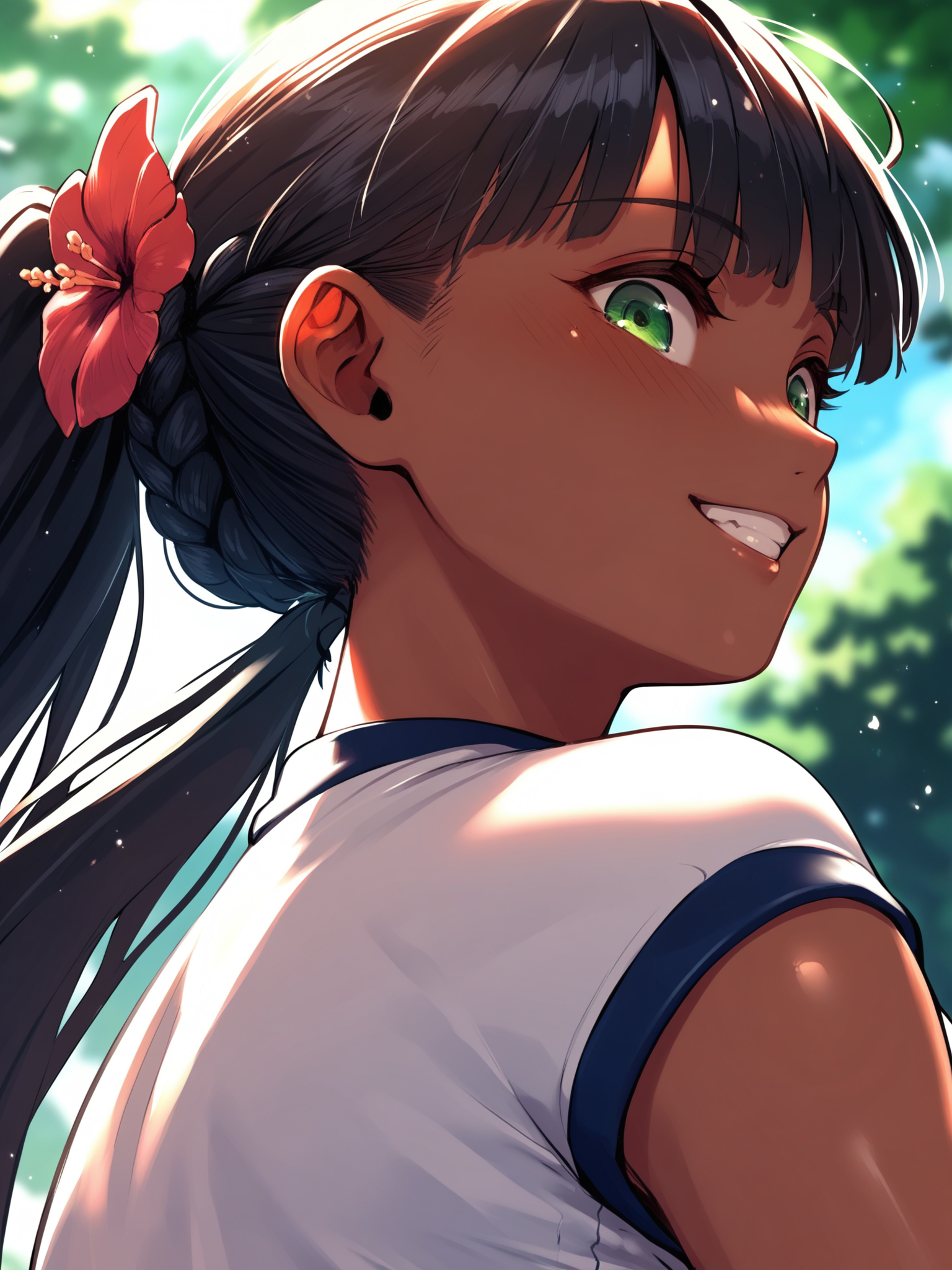 <lora:happy_tentacle-ranee-v0.4-000028:1>, ht_ranee, dark-skinned female, hair flower, black hair, green eyes, large breasts, gym clothes, outdoors , 1girl, solo, close-up , , ( grin :1.1), , looking down , , from behind , score_9, score_8_up, score_7_up, score_6_up, score_5_up, score_4_up