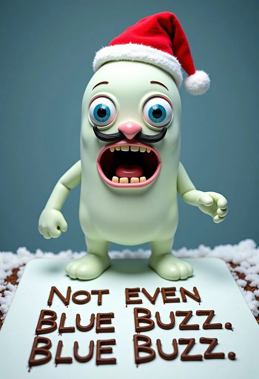 Hyper realistic white slime with extremely expressive face with teeth, fake nose, fake mustache walking over a board written in mud letters ‘Not even Blue Buzz likes Blue buzz’ (Focus on text), meme critique. 
Full view, wearing santa claus hat,