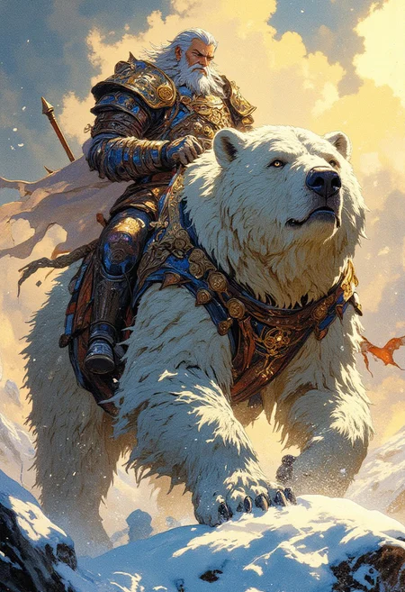 A majestic warrior , riding a massive armored white bear. The warrior has silver hair, a sharp gaze, and a battle-hardened expression. His ornate armor glows with blue magical runes, and the bear's armored plating is intricately decorated with ancient patterns. The background is a snowy fantasy landscape with soft golden sunlight filtering through the mist. Highly detailed, epic fantasy illustration, ultra-detailed,