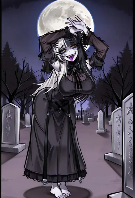 lazypos, 1girl, solo, Shi0riN0vella, multicolored hair, white hair, black hair, yellow eyes, single hair ornament BREAK Banshee, colored skin, grey skin, gothic, long hair, black hair, black veil, large breasts, full body, looking at viewer, smug, smile, head tilt barefoot, ace_glitch, dancing, eye bags, lipstick, eyelashes, tongue out, leaning forward, arms raised, BREAK , outdoors, graveyard, cold, full moon, blue light, dark theme