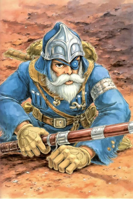 miyaha1 manga illustration of an bearded old warrior crouched on the sandy ground. He has a determined and focused expression. He wears an eye patch and hold an antigue musquet in her hands. <lora:miyaha1_cap_d6a3e12:1.0><lora:818054003016525577:0>
