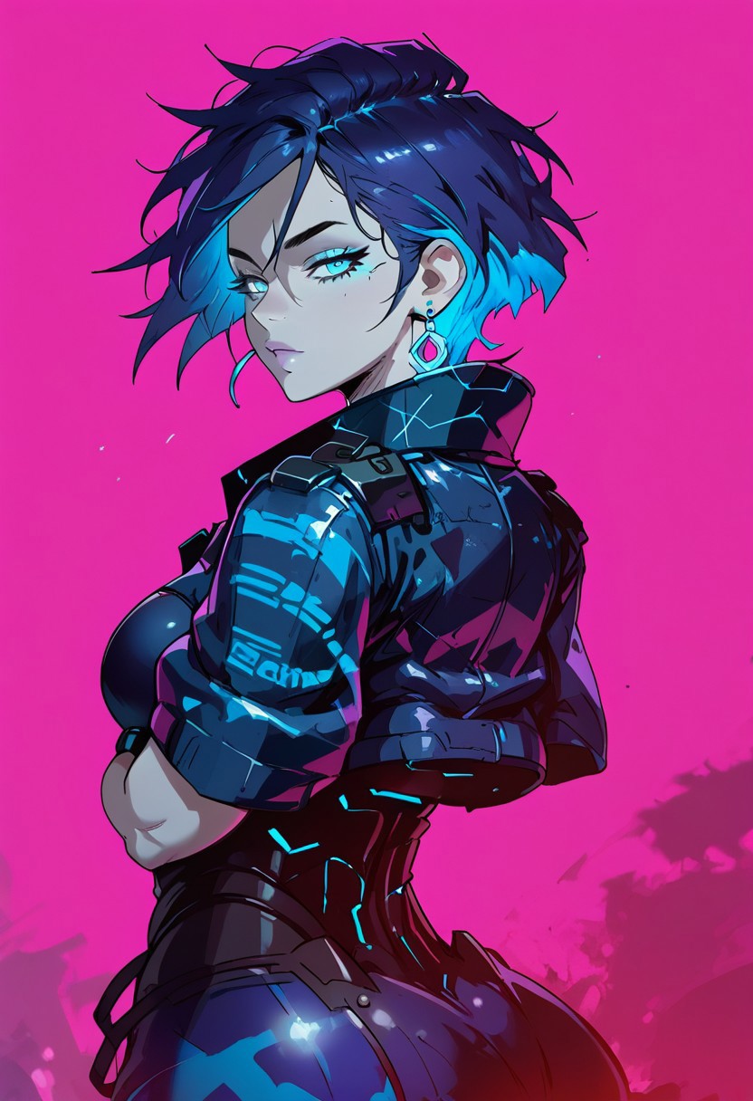 score_9, score_8_up, score_7_up, (((daytime, pink lighting)), (scifi, parking lot), young woman, pale skin, blues eyes, glowing eyes, detailed face, (seductive expression), Expressiveh, (blue star earrings), large breasts, (multi colored hair, streaked hair, dark blue hair, dark purple hair), (blue colored inner hair), short hair, messy hair, (purple and blue camouflage armored jacket), (standing, arms crossed) (city), (depth of field, rear view)