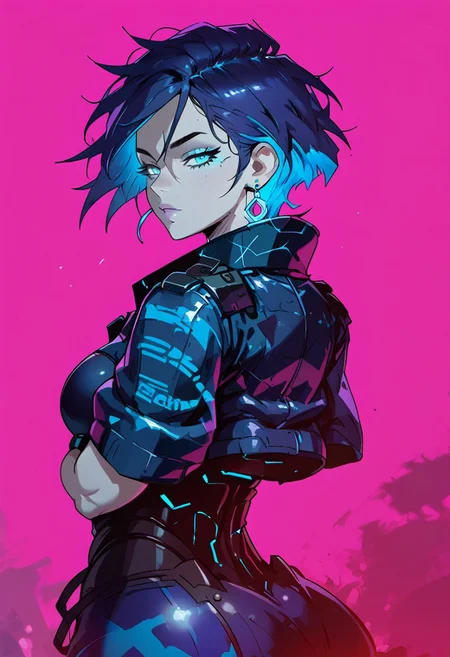 score_9, score_8_up, score_7_up, (((daytime, pink lighting)), (scifi, parking lot), young woman, pale skin, blues eyes, glowing eyes, detailed face, (seductive expression), Expressiveh, (blue star earrings), large breasts, (multi colored hair, streaked hair, dark blue hair, dark purple hair), (blue colored inner hair), short hair, messy hair, (purple and blue camouflage armored jacket), (standing, arms crossed) (city), (depth of field, rear view)