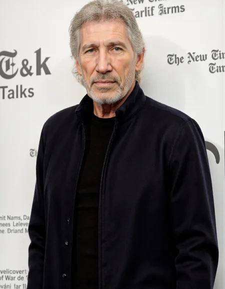 <lora:ROGER_WATERS:1>, This is a color photograph of an older man with white hair and a full, white beard, standing in front of a white backdrop adorned with repeated text. The text reads "The New York Times" and "Talks, " indicating a promotional or event-related setting. The man is wearing a dark-colored, zip-up jacket over a black shirt, which contrasts with his white hair and beard. His expression is neutral, and he appears to be looking directly at the camera. The lighting is even, highlighting his facial features and the textures of his clothing. The background is simple and clean, emphasizing the subject. The image captures a candid moment, likely taken at a talk or interview session, as suggested by the backdrop. The overall composition is straightforward, focusing on the subject with minimal distractions, allowing the viewer to focus on the man and his presence.