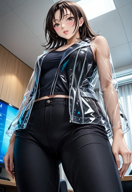 view from below, good quality image, very detailed image, view from below, solo, (black pants, , bare shoulders, sleeveless, plastic jacket, transparent jacket), motion blur, indoors background, bedroom