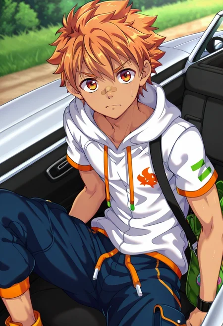 masterpiece, best quality, intricate details, anime screencap, , official style, , depth of field, 1boy, solo, male focus, <lora:jirou_camp_buddy_ilxl:0.92>, jirou_camp_buddy, orange hair, orange eyes, bandaid on nose, , Convertible cargo pants, Chambray shirt, , , Drawstring Bag and