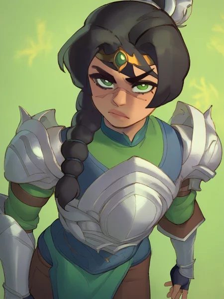 score_9, score_8_up, score_7_up, score_6_up, score_5_up, score_4_up, BREAK, source_anime, 1girl, solo, shadowheart, black hair, braided ponytail, green eyes, scar on face, circlet, looking at viewer, armor, standing, grass, meadow background <lora:ShadowHeartXL:0.8>   <lora:RizdrawsXL:1>