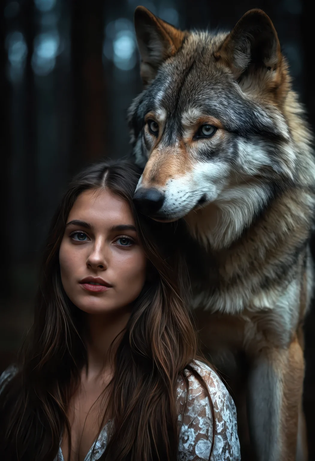 hyper-realistic portrait of a young model with a majestic wolf beside her, highly detailed facial features, finely textured fur on the wolf, (ethereal luminoscope style), dramatic cinematic lighting, dark and faded color tones with limited dark palette and unusual hues, atmospheric haze surrounding them, film grain texture, motion blur in the background for depth, immersive masterpiece composition, ultimate level of detail, professional clarity, emotional and powerful connection between subject and wolf, soft shadows, glowing highlights, haunting and dreamlike ambiance, photorealistic, cinematic masterpiece, ultra detailed, HDR quality