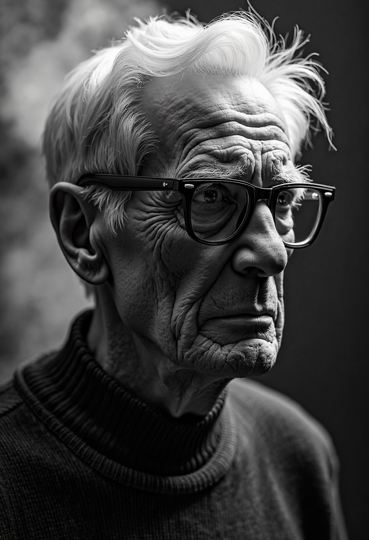 A highly detailed, black-and-white, silhouette, closeup, professional photo portrait of a old man with wrinkles and white hair. He has tanned skin and sad eyes framed by big glasses. His hair is short and white. He wears an elegant sweater. The background is pitch black, with smoke behind the woman, creating a dramatic contrast with hia tanned skin and white hair, drawing the viewerâs focus entirely onto her. The lighting, hitting only one side of his face, is hard in chiaroscuro style, giving depth to her features and an air of mystery. The overall style blends gothic and fantasy influences, with a strong emphasis on realism and a refined sense of elegance and enigma.
