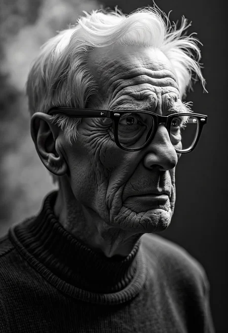A highly detailed, black-and-white, silhouette, closeup, professional photo portrait of a old man with wrinkles and white hair. He has tanned skin and sad eyes framed by big glasses. His hair is short and white. He wears an elegant sweater. The background is pitch black, with smoke behind the woman, creating a dramatic contrast with hia tanned skin and white hair, drawing the viewerâs focus entirely onto her. The lighting, hitting only one side of his face, is hard in chiaroscuro style, giving depth to her features and an air of mystery. The overall style blends gothic and fantasy influences, with a strong emphasis on realism and a refined sense of elegance and enigma.