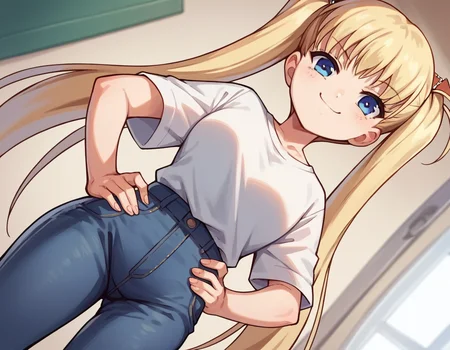 score_9, score_8_up, score_7_up, source_anime, <lora:airi-akizuki-ponyxl-lora-nochekaiser:1>, airi akizuki, long hair, blue eyes, blonde hair, twintails,, shirt, white shirt, pants, denim,, indoors, smug, smile, looking at viewer, solo, hands on hips,, cowboy shot, dutch angle