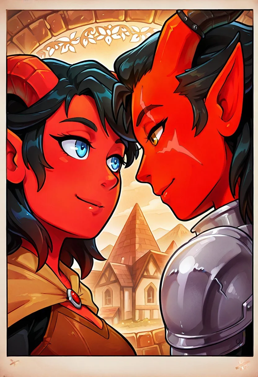 eye contact, looking at viewer, traditional art, DC, tiefling woman, demon horns, red skin, cute face, attractive face, pretty face, medieval, knight lady,  upper body portrait, scar over left eye,cyan background,