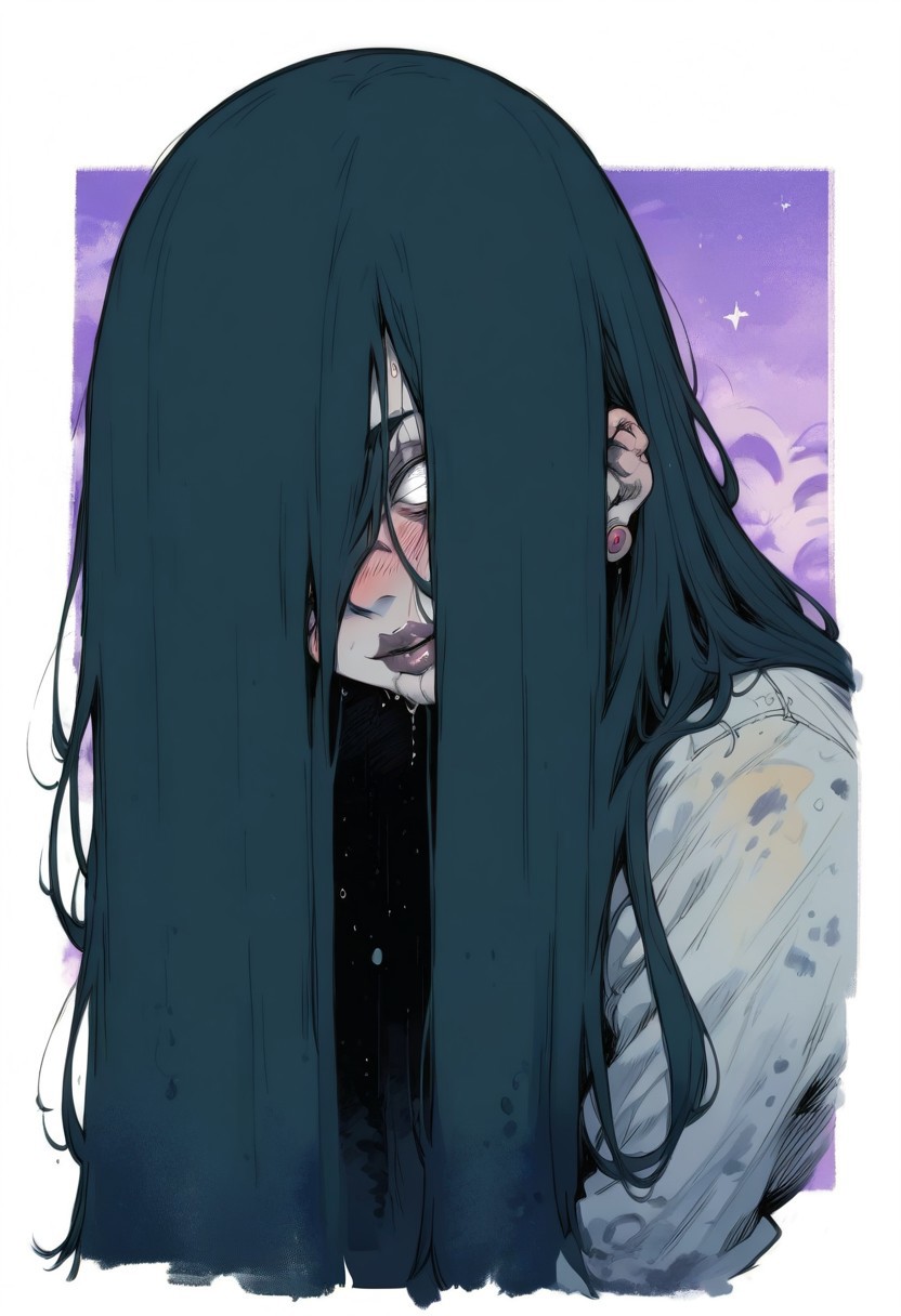 ((Rating_sfw)) , score_9, score_8_up, score_7_up, score_6_up, score_5_up, score_4_up,
best quality, highly detailed, intricate details, extremely detailed, smooth lines,
...
theonryoxl,long black hair,pale skin,white eyes,evil smile,very long hair,hair over one eyes,hair between eyes, dirty white dress with sleeves,skin tight,,wet clothes, dirt,night,old well, <lora:TheOnryoS:0.9>,((convenient_sensoring)) 
...
(looking at viewer), thick lips, parted lips, covered, earrings, (full body), blushed, focus on face,
...
abstract background,