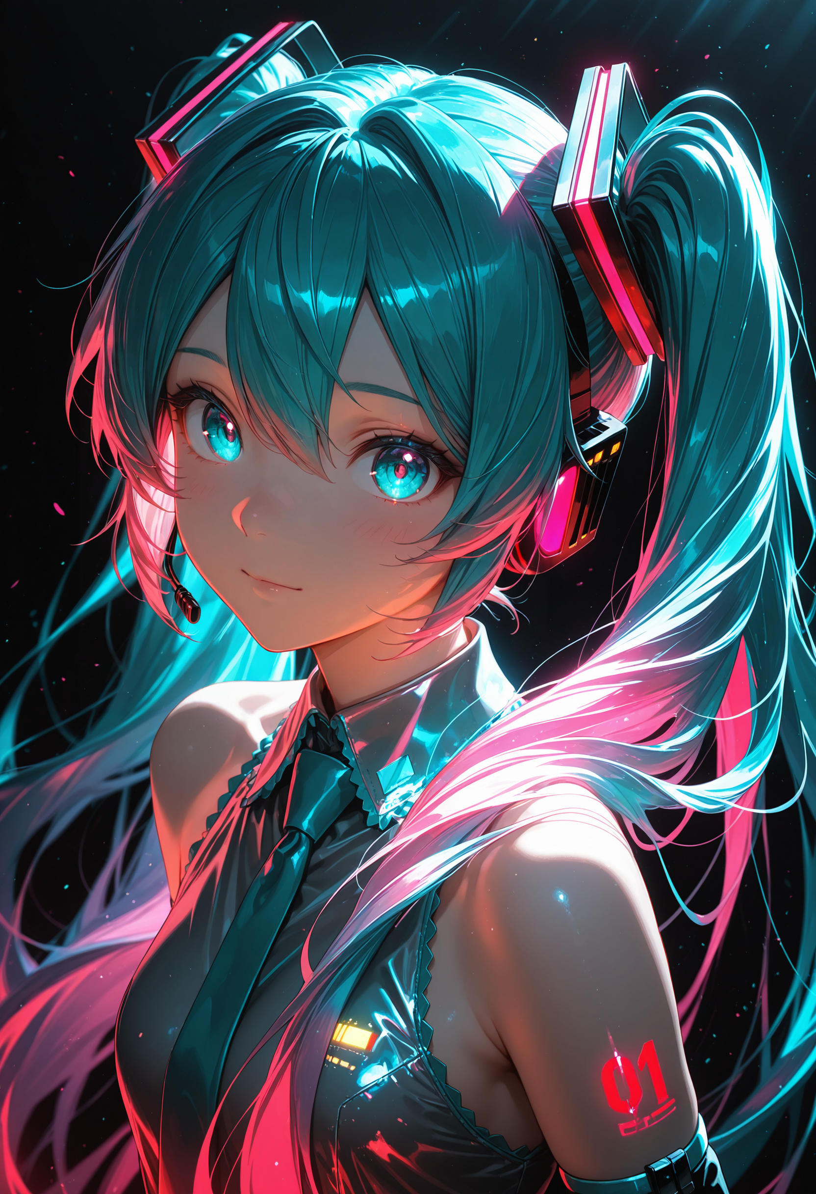 cinematic,(best quality),(ultra-detailed),very aesthetic,perfect composition,intricate details,absurdres,detailed face,(anime, masterpiece, intricate:1.3),high quality,high res,masterpiece,best quality,good quality,newest,highres,absurdres,Hatsune Miku,limited palette,black background,colorful,vibrant,glowing outline,neon,blacklight,looking at viewer,<lora:Dramatic Lighting Slider:3>,<lora:Smooth_Booster_v2:0.3>,