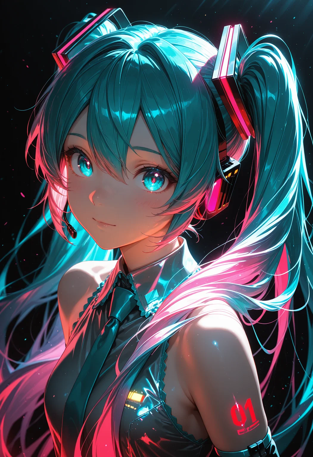 cinematic,(best quality),(ultra-detailed),very aesthetic,perfect composition,intricate details,absurdres,detailed face,(anime, masterpiece, intricate:1.3),high quality,high res,masterpiece,best quality,good quality,newest,highres,absurdres,Hatsune Miku,limited palette,black background,colorful,vibrant,glowing outline,neon,blacklight,looking at viewer,<lora:Dramatic Lighting Slider:3>,<lora:Smooth_Booster_v2:0.3>,