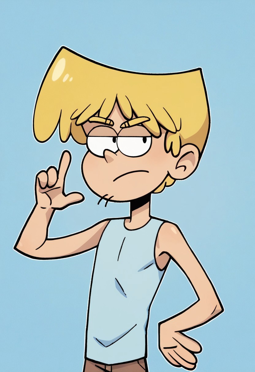 (score_9 | score_8_up | score_7_up) ((masterpiece:1))(best quality,very high quality,ultra detailed:1.2) (2D,cartoon style,anime style)(Smooth:2)(clean blurring) (four fingers on each hand,one thumb on each hand:1), Loki Loud, solo, 1boy, Blonde hair, yellow eyebrows, two chin hairs, light blue tank top, Brown shorts, light blue shoes