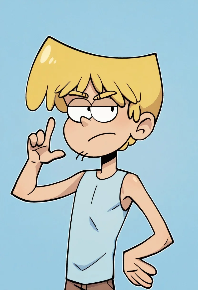 (score_9 | score_8_up | score_7_up) ((masterpiece:1))(best quality,very high quality,ultra detailed:1.2) (2D,cartoon style,anime style)(Smooth:2)(clean blurring) (four fingers on each hand,one thumb on each hand:1), Loki Loud, solo, 1boy, Blonde hair, yellow eyebrows, two chin hairs, light blue tank top, Brown shorts, light blue shoes