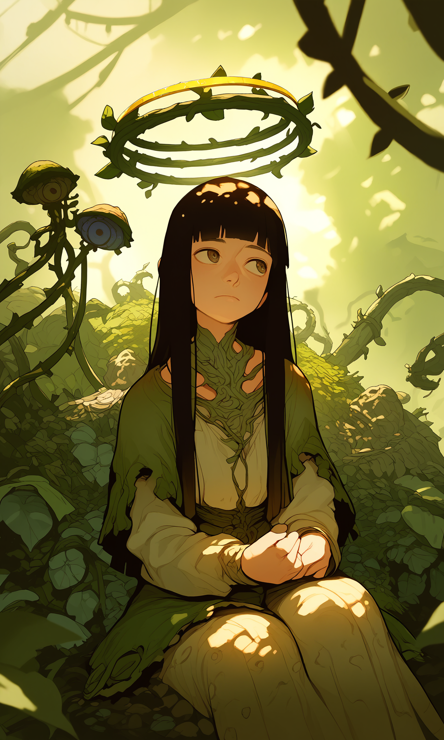 score_9, score_8_up, score_7_up, 1girl, moss, vine, hime cut, dappled sunlight, looking away, lace trim, head tilt, blurry background, halo, high contrast, sitting, surreal, swirl, <lora:CU:0.5>, <lora:J7:0.55>, <lora:ME:0.3>, <lora:IC:0.4>
