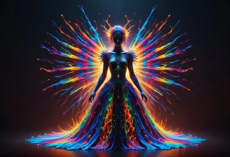 a full body fire entity whit multicolored flames, professional photography of an fantastical warrior fairy princess entirely made of cyberflies with whimsical elements, swirling magic, eerie fairytale landscape, elaborate fantasy style art, very colorful, intricate details, ultra sharp, exquisite detail, flawless composition, vivid colors, masterpiece, exciting background, TAS, TASvisuals, Psychedelic , Rave, Elaborate , Blacklight , Vibrant , cyberflies, black light paint, blp, Colorful Chaos Cracks and Drops, mad-glowtiedye, made out of,colorful,liquid,Murano Art Glass