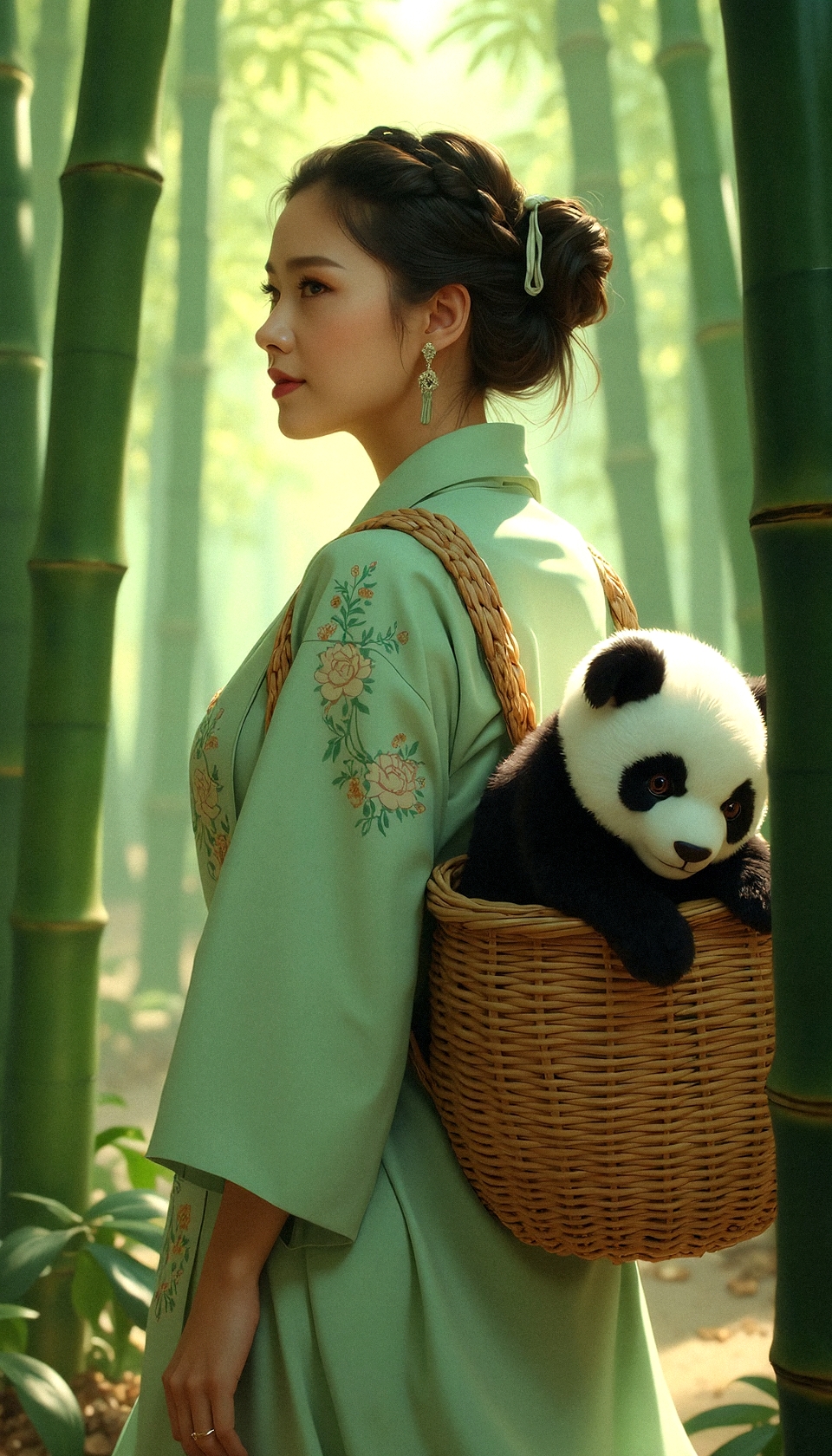 "Depict an ultra-realistic scene of a curvy young woman walking through a tranquil bamboo grove. She wears a flowing light green robe with intricate embroidery, her hair styled into a braid adorned with delicate ribbons. On her back is a woven wicker basket, carrying a detailed, plush panda toy that adds a playful element. The forest's soft, filtered light creates natural highlights and shadows on her attire and the bamboo stalks, capturing the peaceful atmosphere of the setting. Her slight smile reflects her carefree and harmonious presence in nature."
 <lora:realism_lora_comfy_flux_converted:0.5> <lora:MoriiMee_Gothic_Niji_Style_FLUX:0.5>