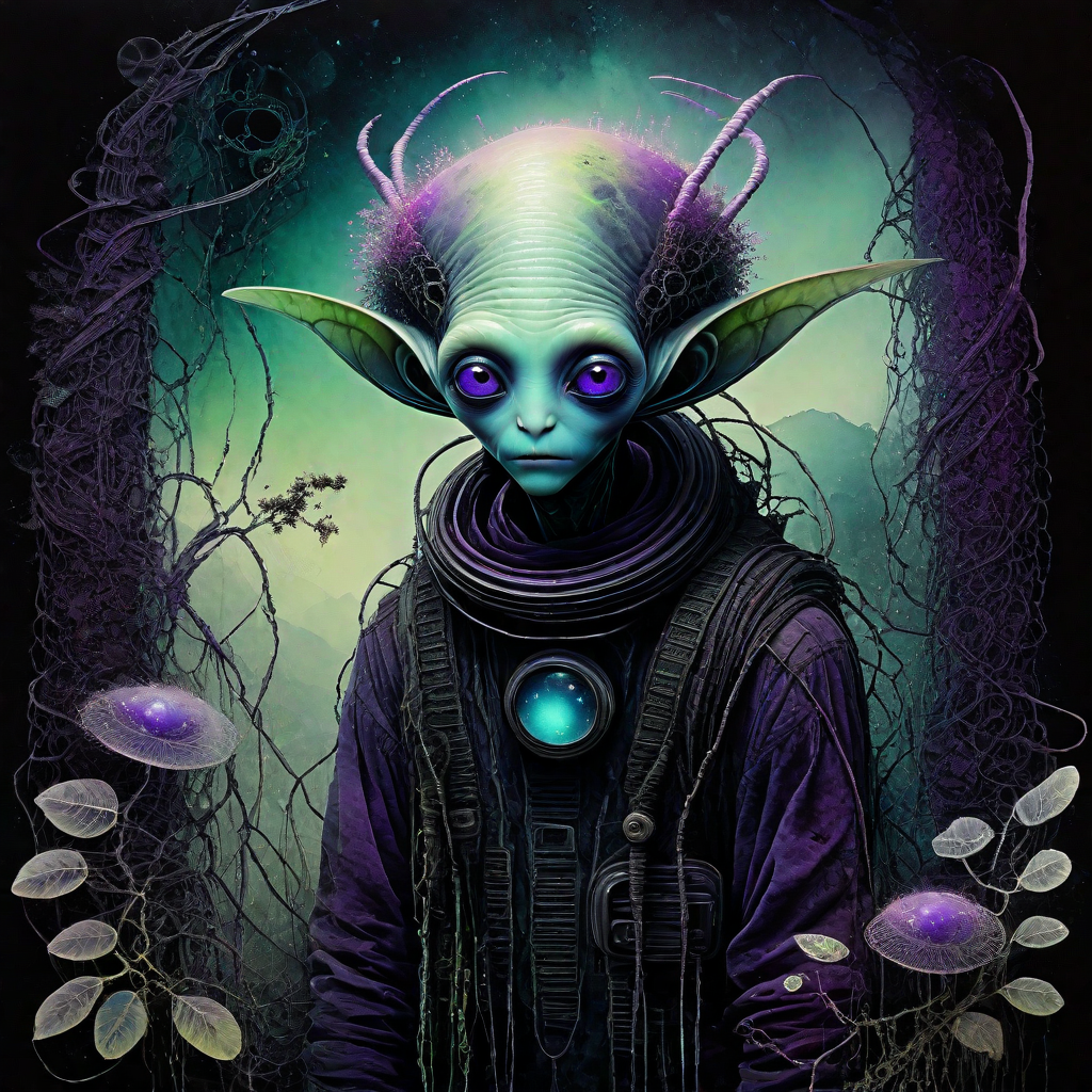 albedo, echelier, restart, alien male, Painted textures blending sci-fi and nature, Ethereal and atmospheric, High-contrast ink shading, Ethereal mist weaving between objects, Muted Pastel Grunge alien_wanderer, <lora:artfully_YOUNGALIEN_SDXL:0.8>,