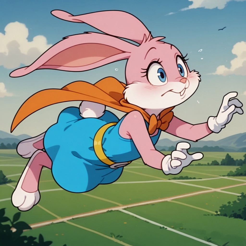 masterpiece, best quality, amazing quality, babsttail, anthro, female, rabbit, pink fur, blue eyes, blue dress, orange cape, orange bows, yellow belt, white gloves, flying, sky