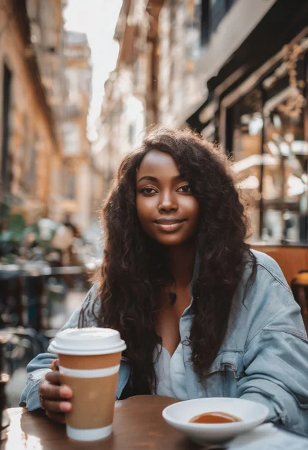 , selfie photo of a young african woman, 18 years old, (cute:1.3) girl, gorgeous face, long hair, 4k, highres, soft diffused lighting, cafe, street cafe, coffee cup, deep neklone, hot,