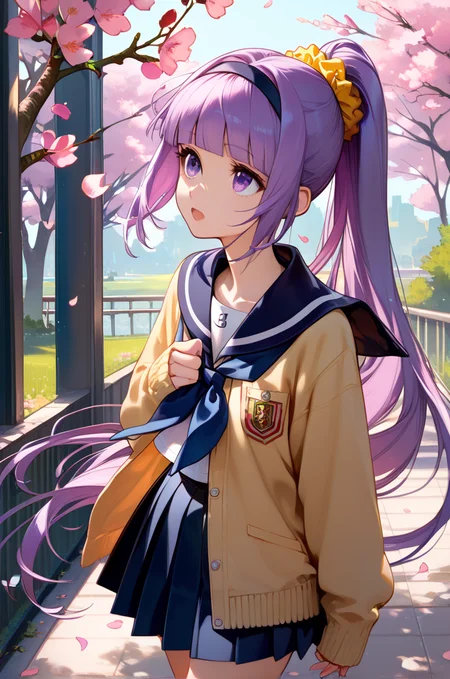 score_9, score_8_up, score_7_up, very aesthetic, source_anime, detailed,
school, outdoor, sakura tree, petals,
cowboy shot,
walking, looking up, open mouth,
1girl, flat chest, petite female,
<lora:sophie_autismConfetti_v12:1>sophiemascot, purple hair, purple eyes, very long hair, blunt bangs, sidelocks, high ponytail,
yellow sweater, open clothes, scrunchie, hairband, pleated skirt, black skirt, serafuku, sailor collar, kneehighs, loafers,, zPDXL