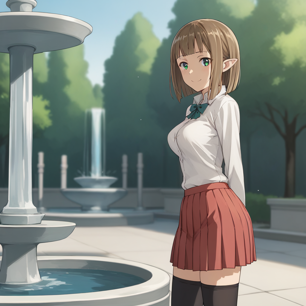 score_9, score_8_up, score_7_up, source_anime, BREAK <lora:Eina Tulle - Danmachi V2-000009:1> Eina Tulle, thighhighs, skirt, fountain, smile, arms behind back, looking at viewer, 1girl, zettai ryouiki, pleated skirt, outdoors, red skirt, shirt, solo focus, breasts, white shirt, blurry