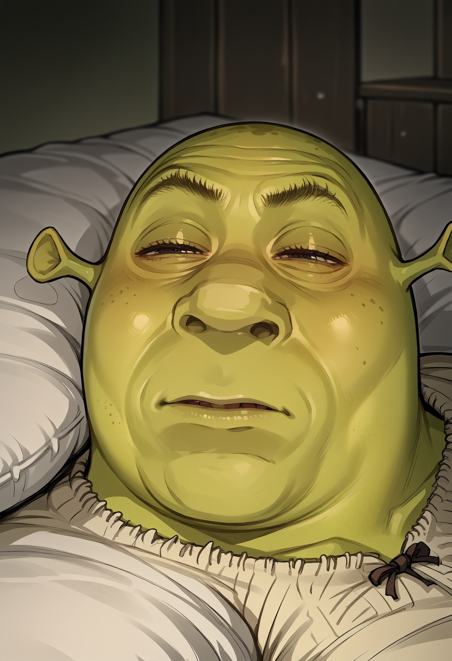 score_9, score_8_up,score_7_up, source_anime, 1boy, solo, lmwkp, half-closed eyes, pillow, on back, lying, on bed, 
upper body,
shrek, green skin
<lora:lmwkp_pdxl_EliPot:1> <lora:Shrek_XLPD:1>