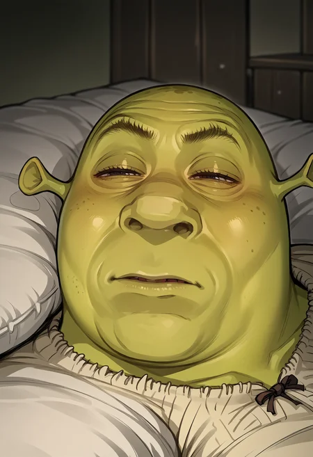 score_9, score_8_up,score_7_up, source_anime, 1boy, solo, lmwkp, half-closed eyes, pillow, on back, lying, on bed,
upper body,
shrek, green skin
<lora:lmwkp_pdxl_EliPot:1> <lora:Shrek_XLPD:1>