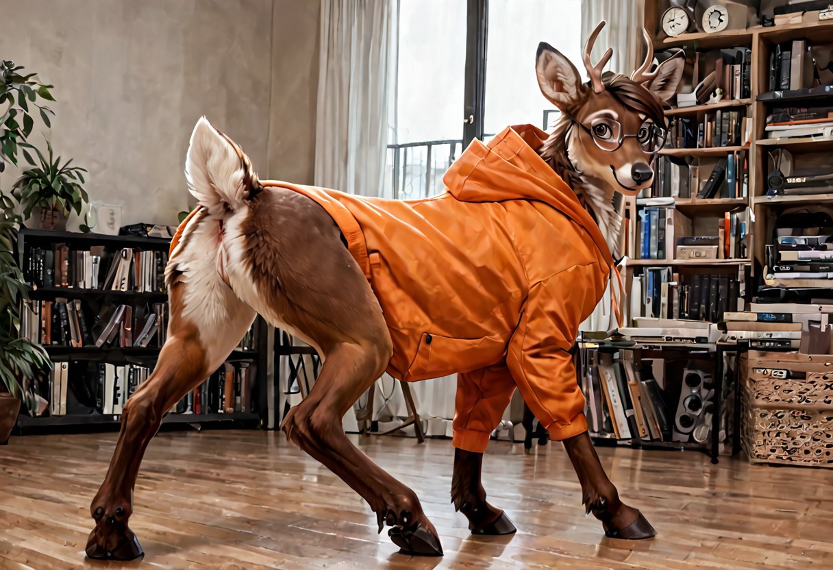 score_9, score_8_up, score_7_up, score_6_up
,
Deer, (clothed feral), (feral), (brown hair, short hair, hair,), (wearing a orange hoodie, cargo pants), (detailed background), store, modern store, smile, (male), fur, hair, solo, high quality, pose, furred body, hooves, fluffy, (detailed eyes, brown eyes), 
,
highly detailed, realistic fur, beautiful, photorealism, photorealistic, dslr, photo, expressive, (eyebrows), full body, (glasses), eyewear, window, shelves, topwear, pawpads, paw pads, dutch angle, relaxed
,
source_photo, walking on all fours,