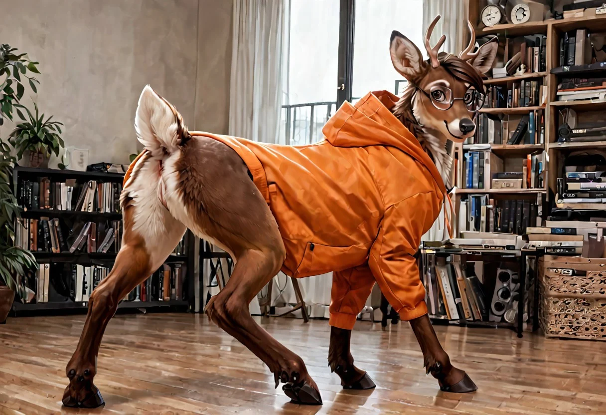 score_9, score_8_up, score_7_up, score_6_up
,
Deer, (clothed feral), (feral), (brown hair, short hair, hair,), (wearing a orange hoodie, cargo pants), (detailed background), store, modern store, smile, (male), fur, hair, solo, high quality, pose, furred body, hooves, fluffy, (detailed eyes, brown eyes), 
,
highly detailed, realistic fur, beautiful, photorealism, photorealistic, dslr, photo, expressive, (eyebrows), full body, (glasses), eyewear, window, shelves, topwear, pawpads, paw pads, dutch angle, relaxed
,
source_photo, walking on all fours,