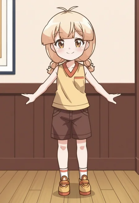 source_anime,anime screencap, anime coloring,intricate details,rating_safe, masterpiece, best quality,
(best quality, absurd res, ultra detailed),,(4 finger:0.5),1girl, ((solo)), good eyes,perfect eyes,,detailed eyes, zPDXLxxx , zPDXL3,detailed, detailed face
BREAK
solo,indoors,standing,front view,full body,
hawa, brown eyes, blonde hair, twin braids, antenna hair,brown, shirt, sleeveless, brown shorts,,
smile,happy,closed mouth,
, <lora:add-detail-xl:2> <lora:hawa:0.8>