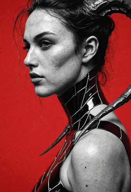 Score_9,Score8_up,Score_7_up,masterpiece, best quality, good quality, very aesthetic, absurdres, newest, 8K, depth of field, focused subject, (ghost in the shell aesthetic), kusanagi motoko, monochrome, black and white, line art, sketch style, technical drawing, closeup quarter upper body shot, from behind, almost from side, 1girl, succubus (cyborg:1.4), (glitched_skun:1.3),(long horns), gynoid, face focus, segmented face with panel lines, dark vacant eyes, looking back, parted lips, intricate exposed mechanical components above cranium, cyberpunk, high contrast black and (red background:1.4), clinical atmosphere.
 <lora:Add_Details_v1.2:2>
<lora:ILXL_Realism_Slider_V.1:1.8>
<lora:RealSkin_xxXL_v1:1.2>