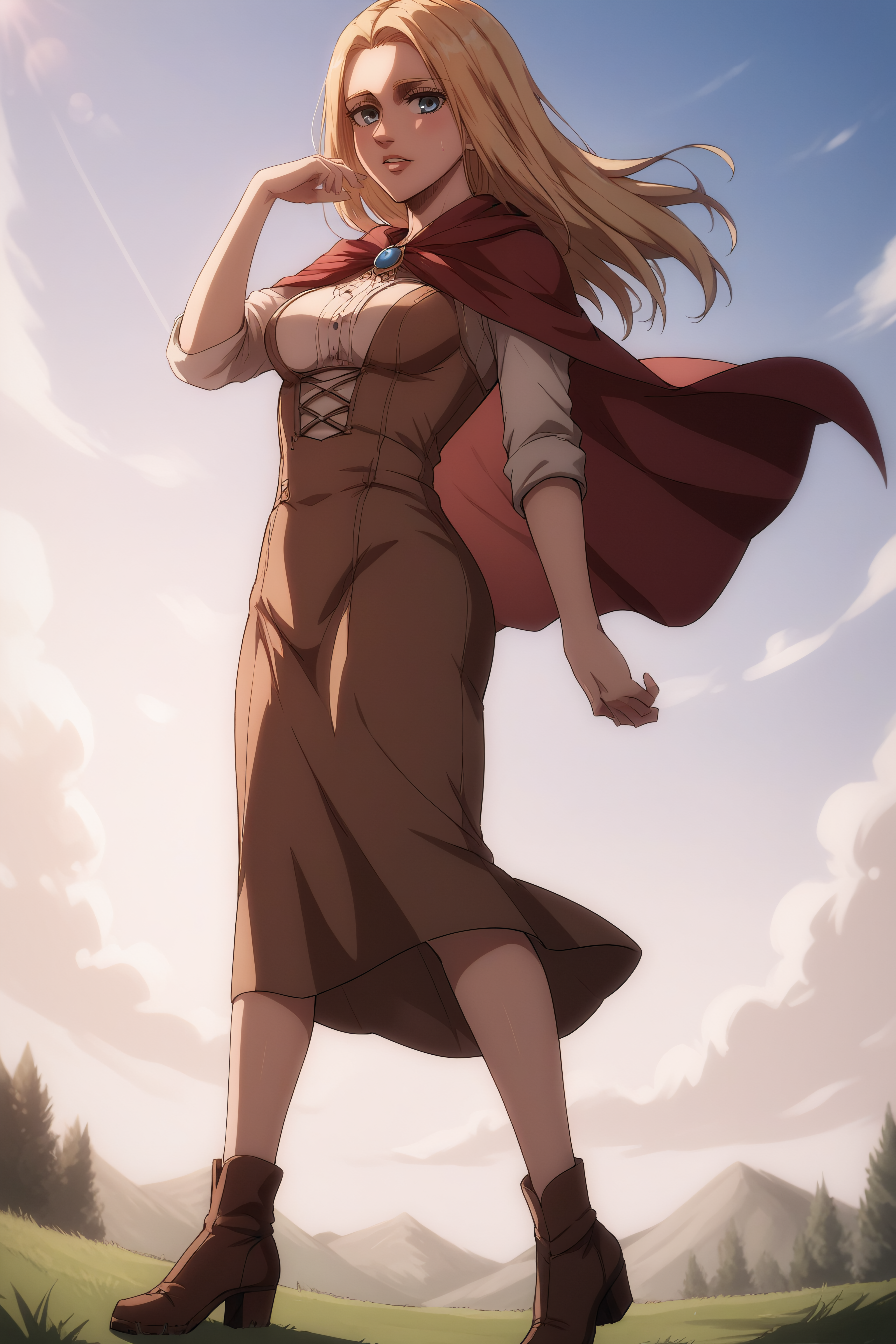 score_9, score_8_up, score_7_up, BREAK source_anime, <lora:historia reiss v2-PonyXL-lora-Faxtron:0.8> historia reiss, medium breasts, long brown dress, red cape, shoes,