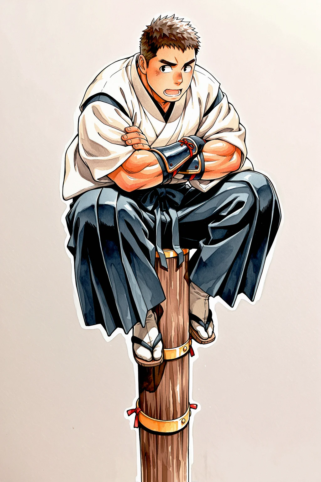 masterpiece, best quality, amazing quality, ultra-detailed, absurdres, highly detailed, 1boy, male focus, bara, muscular male, arm guards, brown hair, very short hair, black eyes, crossed arms, hakama, japanese clothes, short sleeves, on top of pole, open mouth, sideways glance, simple background, traditional media, watercolor \(medium\), sitting, head rest, full body