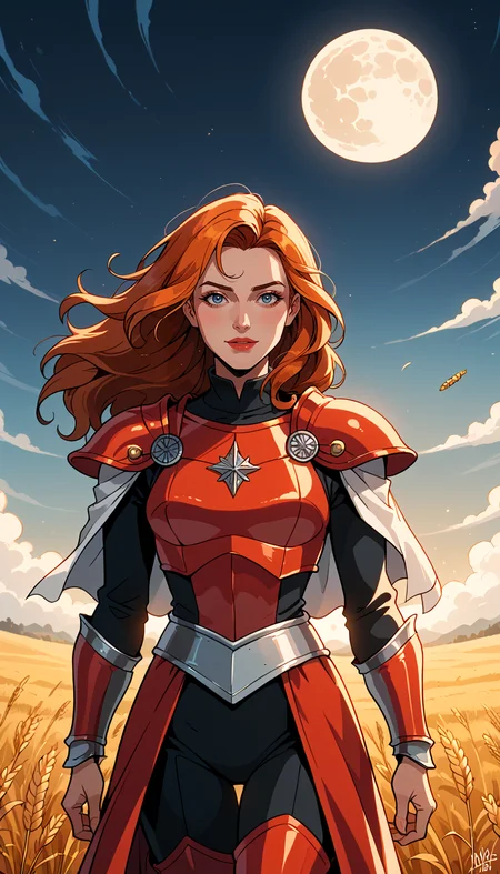 score_9, score_8_up, score_7_up, Western Comics, Cowboy Shot, girl, knight, cute, seductive, innocent, light smile:0.3, plump lips, slender body, long hair, red leather armor, sorrowful expression, faded elegance, full moon night, poignant atmosphere, lost beauty, melancholic aura, hauntingly captivating, timeless grief, stark contrast, delicate decay, line art, backlighting, wind, wind:1.2, knight, orange, wheat field background, depth of field, dynamic angle, fashion photography, sharp, hyperdetailed:1.15