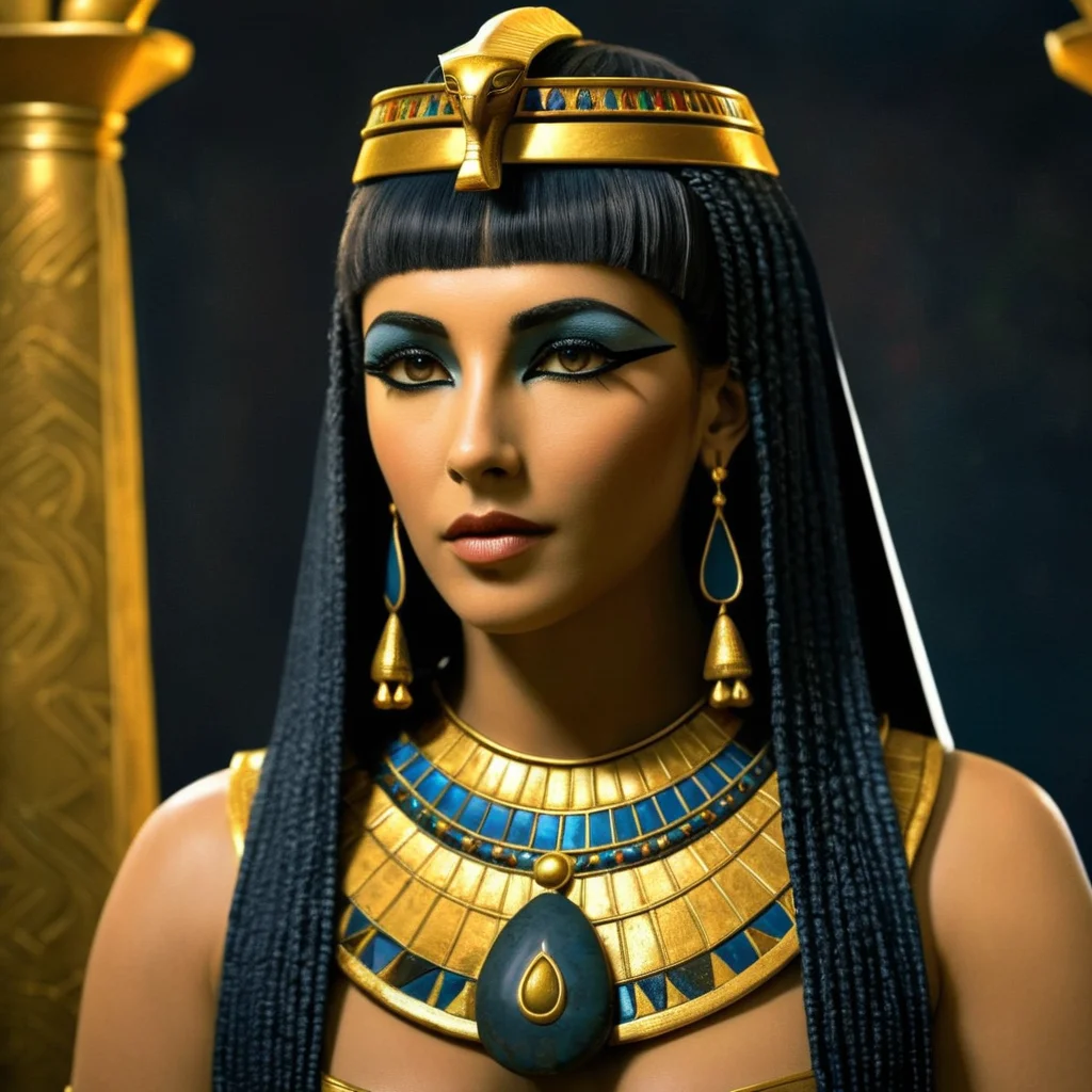 Dark Fantasy Art of <lora:Cleopatra:1.2>
Cleopatra a hot lookingwoman with a gold headpiece and a necklace Queen of the Ptolemaic Kingdom of Egypt, dark, moody, dark fantasy style