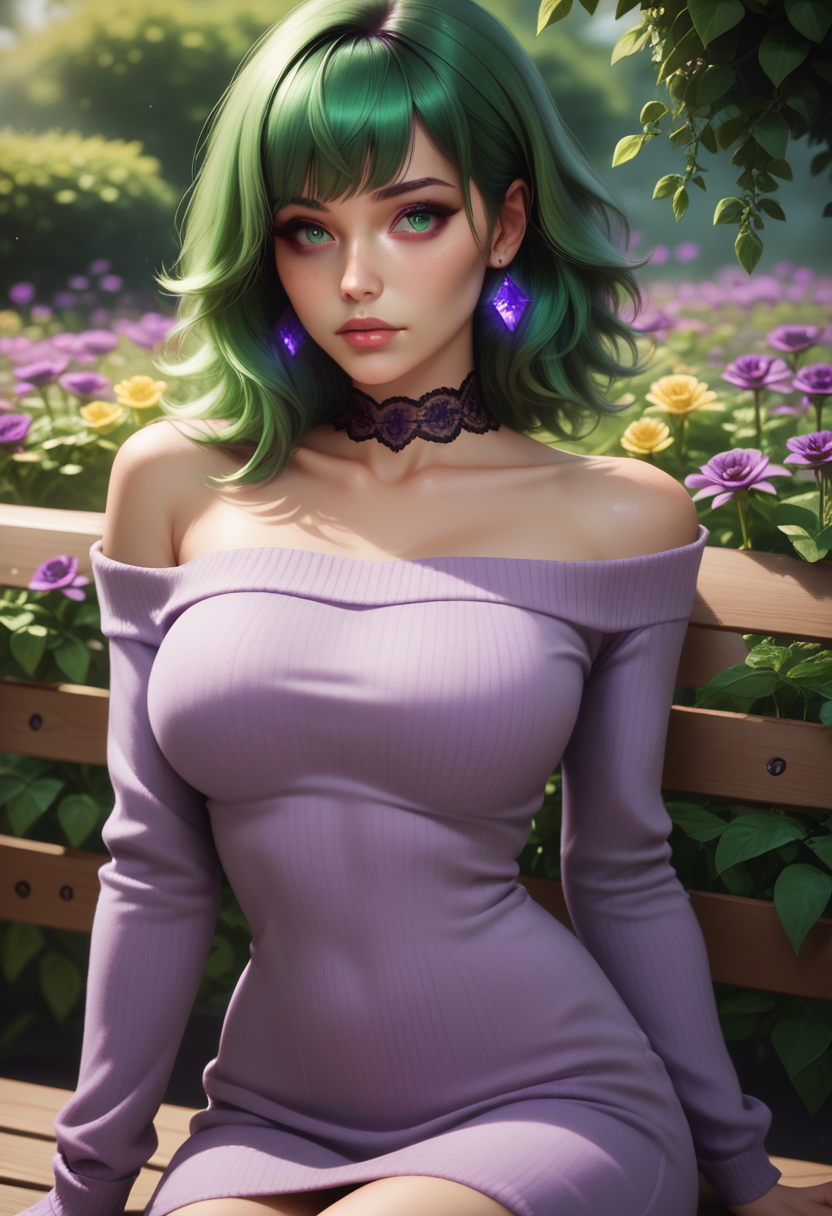 score_9, score_8_up, score_7_up,
1girl, solo, sexy sweater dress, purple dress, long sleeves, bare shoulders, lace choker, amethyst earrings, sitting on bench, flower garden,
 <lora:Dark_Sylvie_Pony_v0.1:0.5> d4rksylv13, bangs, green hair, green eyes,