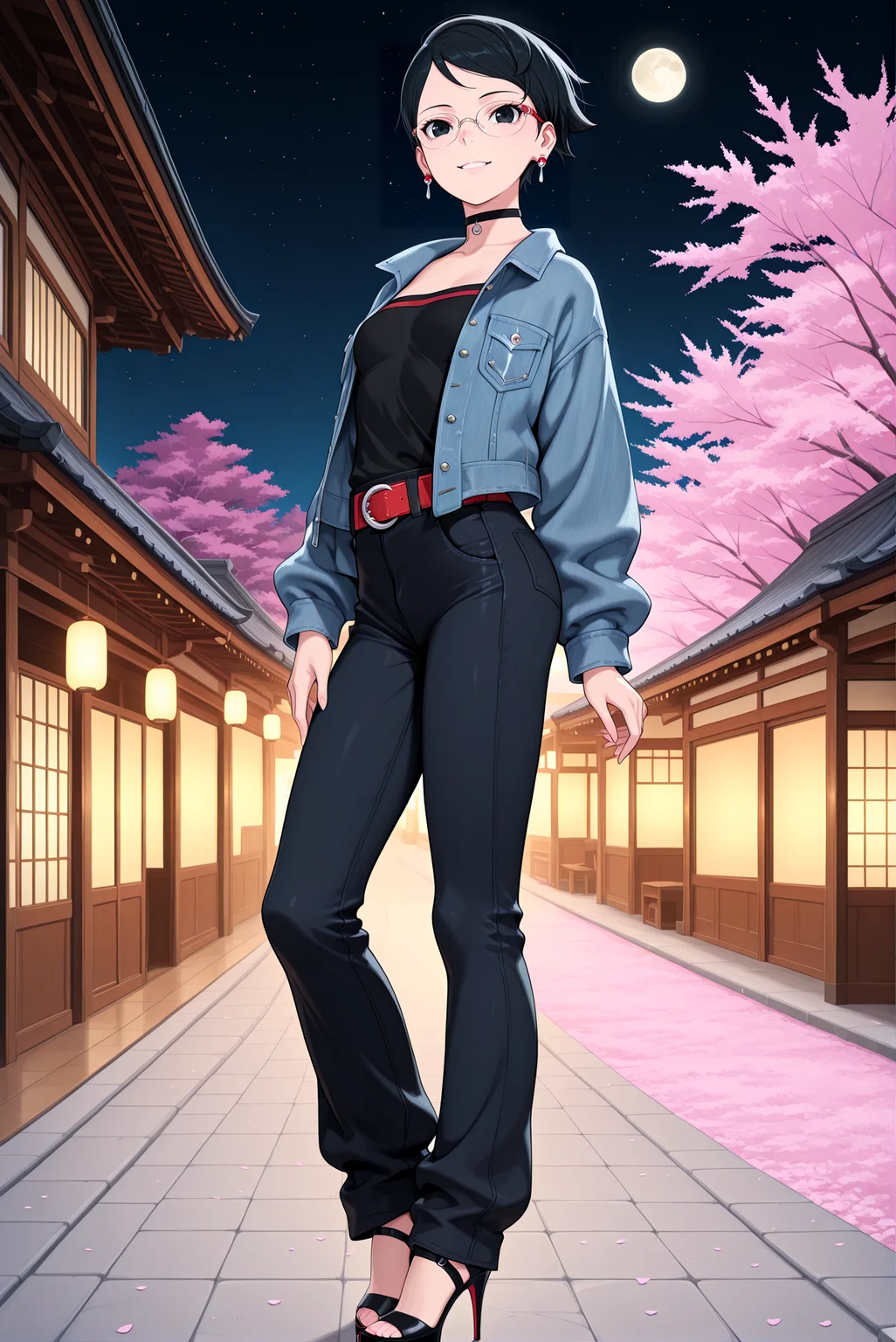 beautiful detailed eyes, masterpiece, best quality, intricate details, absurdres, 1girl, solo,
<lora:P-IL-Sarada:1>, s4r4d4, black hair, short hair, black eyes,
choker, glasses, earrings,
denim jacket, black shirt, red belt, midriff, high waist jeans, tight jeans, denim, full body,
pointed-toe heels, high heels, stiletto heels, strappy stilettos,
small breasts, parted lips, smile,
smiling confidently, looking at viewer, casual pose, natural lighting, warm atmosphere, detailed background
japanese town, japanese garden, cherry blossom, starry sky, moon, night,
