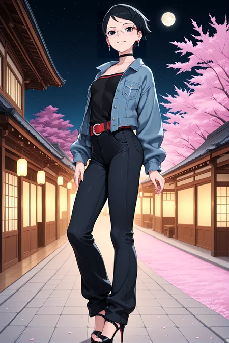 beautiful detailed eyes, masterpiece, best quality, intricate details, absurdres, 1girl, solo,
<lora:P-IL-Sarada:1>, s4r4d4, black hair, short hair, black eyes,
choker, glasses, earrings,
denim jacket, black shirt, red belt, midriff, high waist jeans, tight jeans, denim, full body,
pointed-toe heels, high heels, stiletto heels, strappy stilettos,
small breasts, parted lips, smile,
smiling confidently, looking at viewer, casual pose, natural lighting, warm atmosphere, detailed background
japanese town, japanese garden, cherry blossom, starry sky, moon, night,