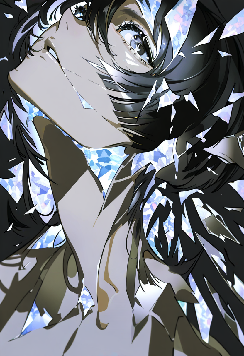 solo, black background, portrait, parted lips, shards, wings, 1other, simple background, black hair, androgynous, crack, crystal <lora:yoneyamaiXL_NBVP1_lokr_V6311P:0.95>