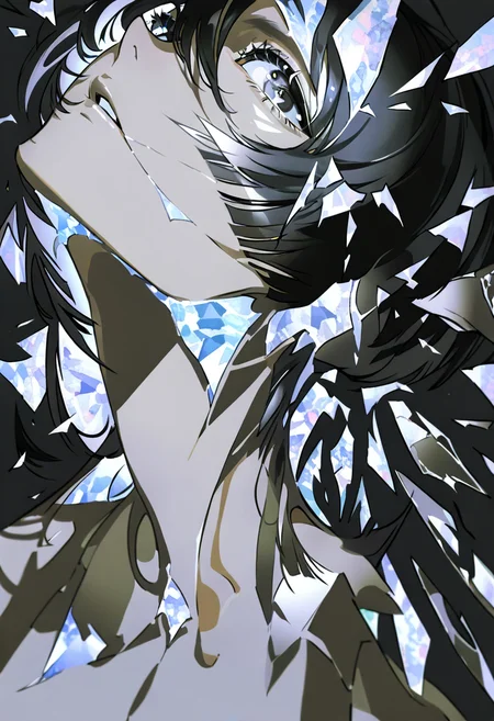 solo, black background, portrait, parted lips, shards, wings, 1other, simple background, black hair, androgynous, crack, crystal <lora:yoneyamaiXL_NBVP1_lokr_V6311P:0.95>