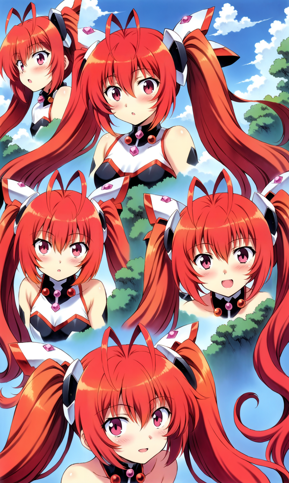 1girl, tailred, antenna hair, breasts, upper body, headgear, long hair, mecha musume, ore twintail ni narimasu, red eyes, red hair, small breasts, solo, twintails, very long hair, 
looking at viewer, excited, 
outdoors, street, expressions, 
portrait, 
masterpiece, best quality, very aesthetic, absurdres, by mogudan, 
<lora:TailRed_XL:1>