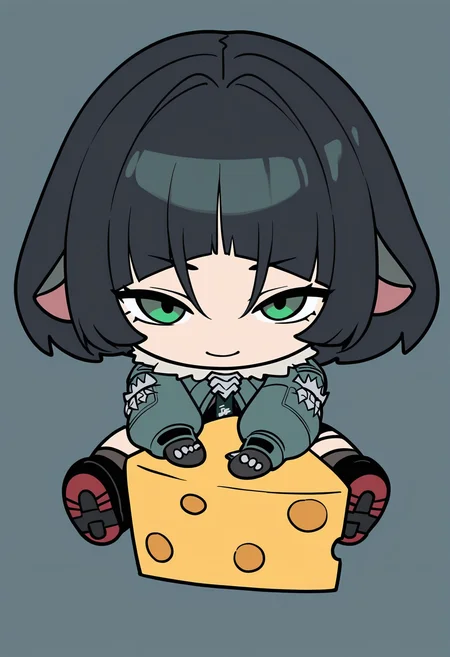 masterpiece, 1girl, jane doe \(zenless zone zero\), chibi, jacket, sitting, cheese, green eyes, flat color, black hair, simple background, smile, looking at viewer,